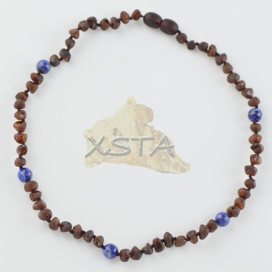 Teething amber necklace with lapis lazuli beads